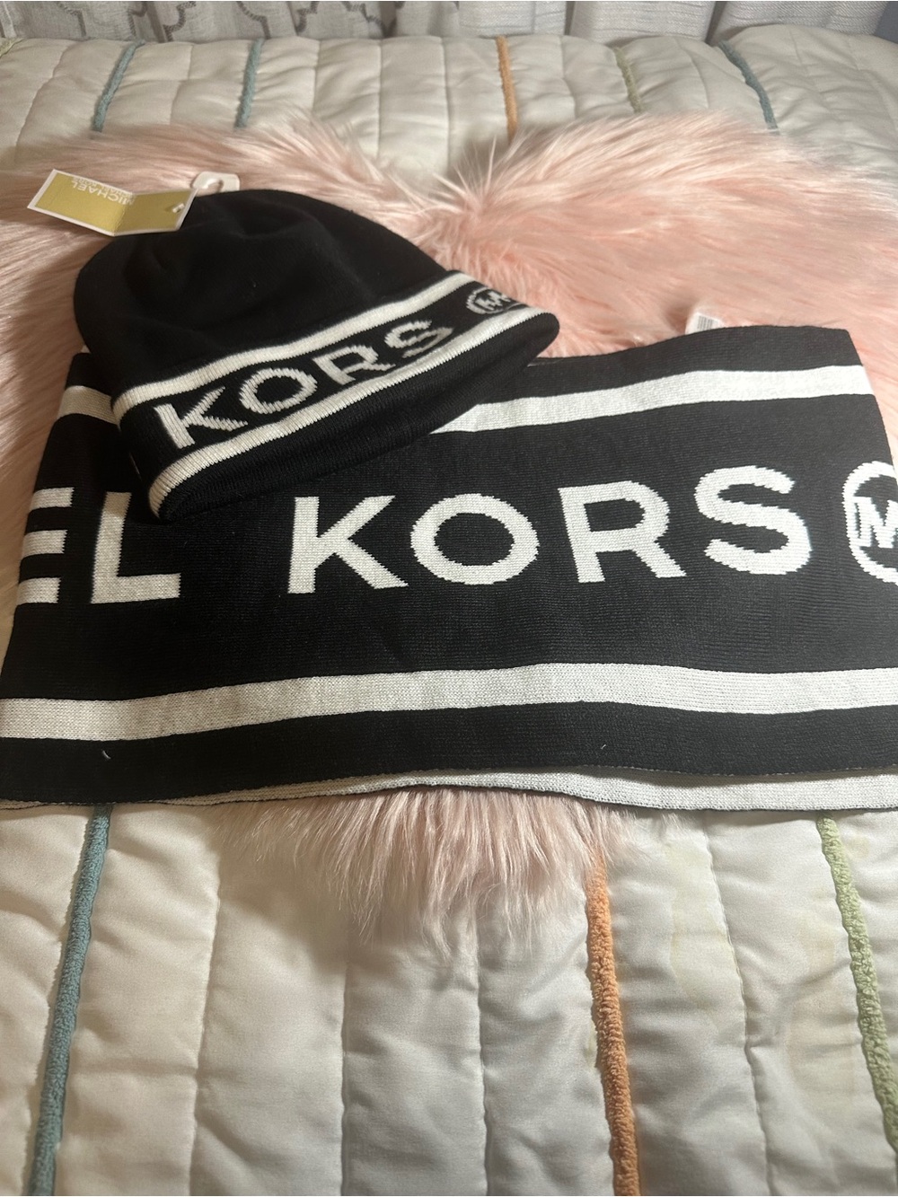 Michael Kors Kids Black and White Logo Knit Beanie & Scarf Set